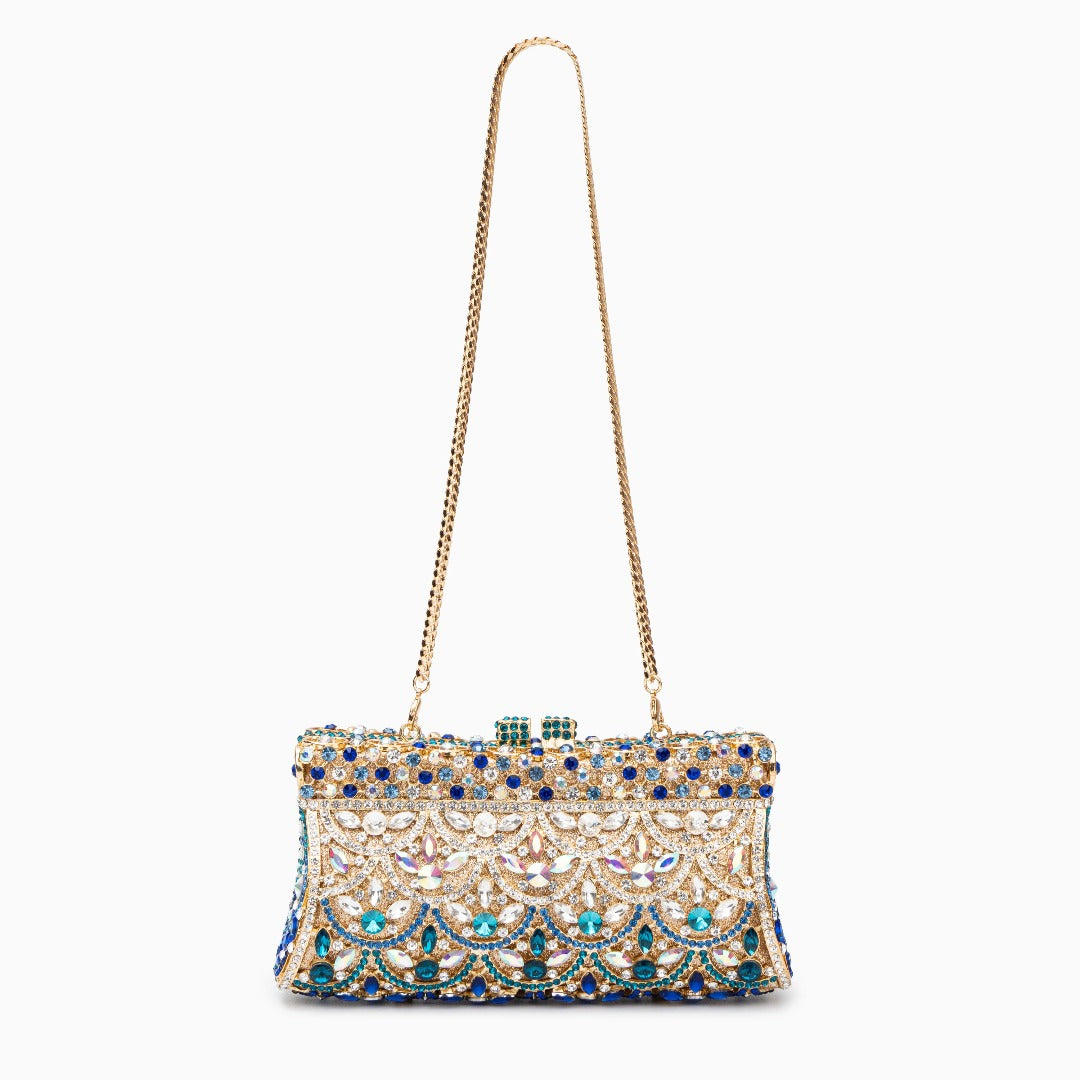 Gold Clutch with Multicolor Crystals – Sparkling Handbag for Luxury Parties and Weddings
