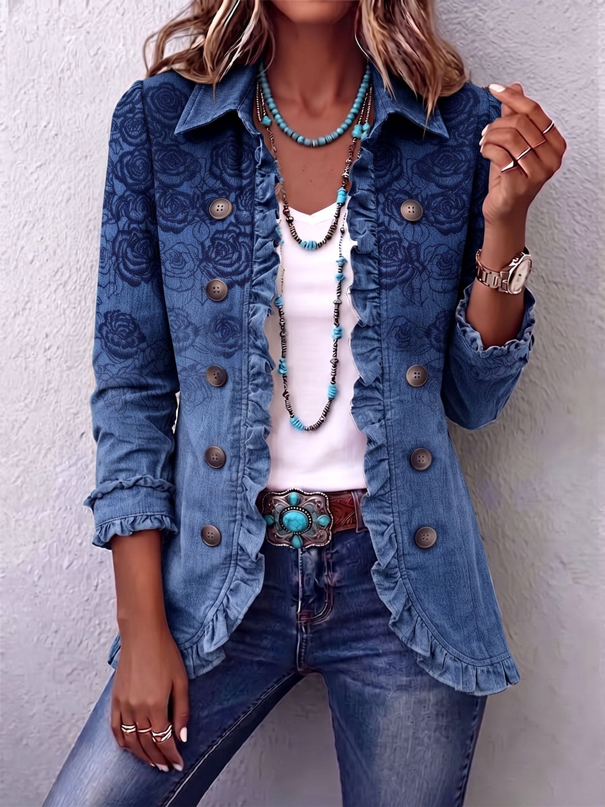 Retro-style jacket with ruffles and a blue rose gradient print