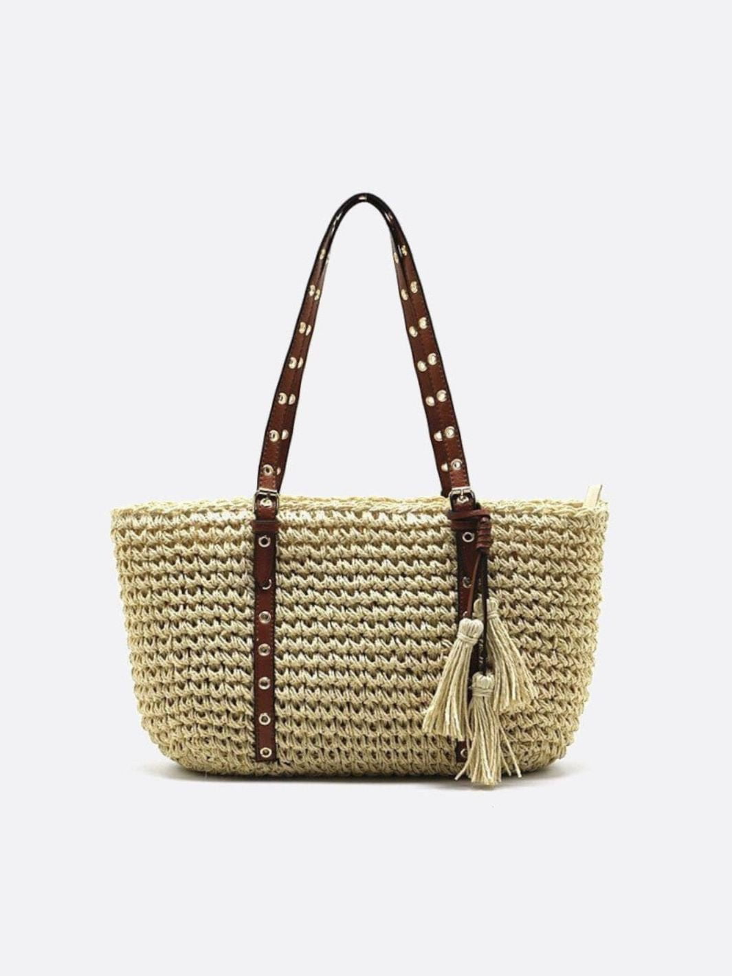 Straw Basket Bag with Faux Leather Handles and Tassels