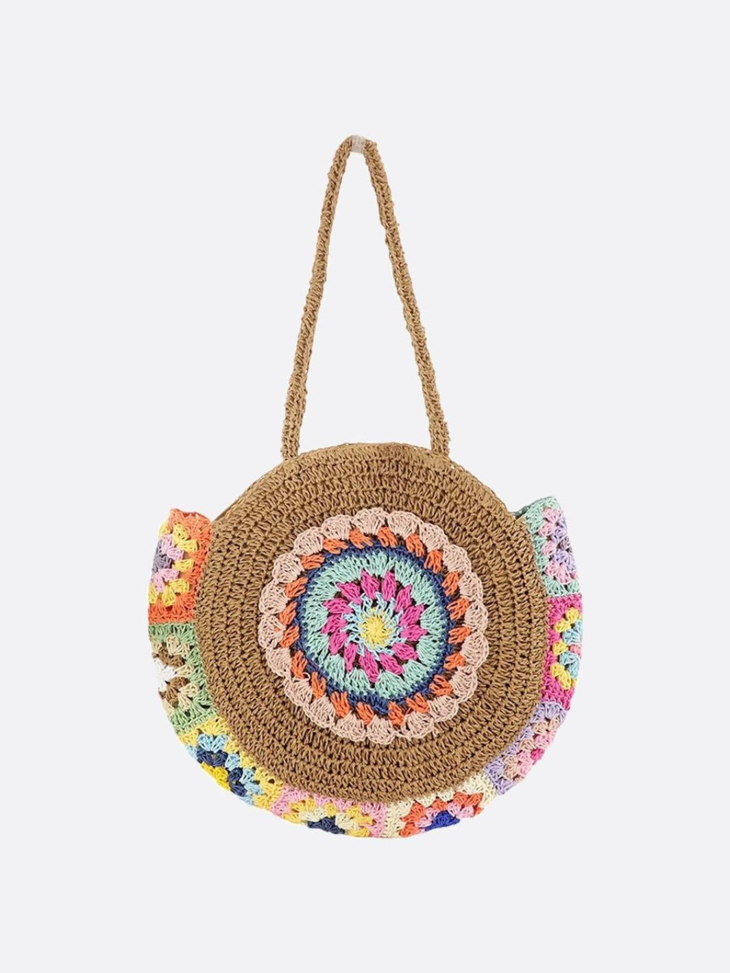 Round Straw Bag with Multicolor Crochet Detail – Boho Festival Style