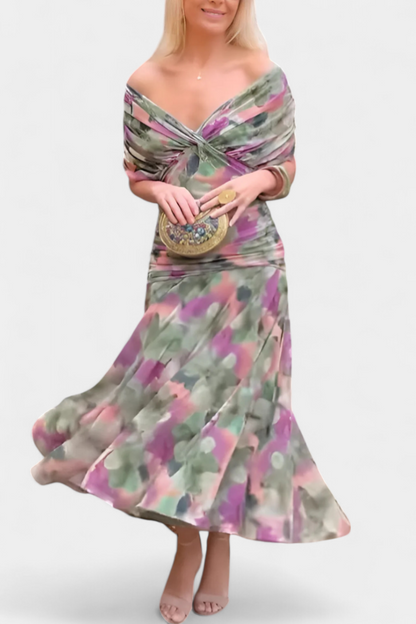 Iselina | Women's elegant V-neck gathered maxi dress | Flowy