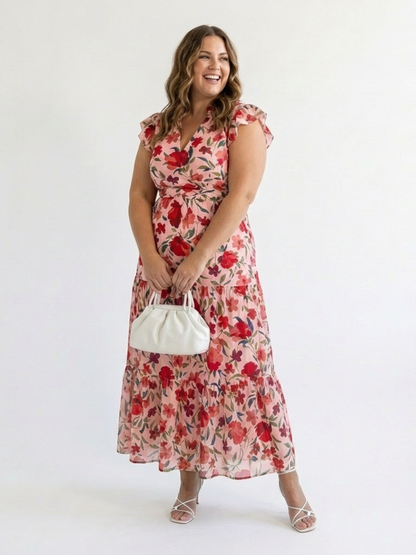 Leila - V-neck floral print midi dress with ruffles