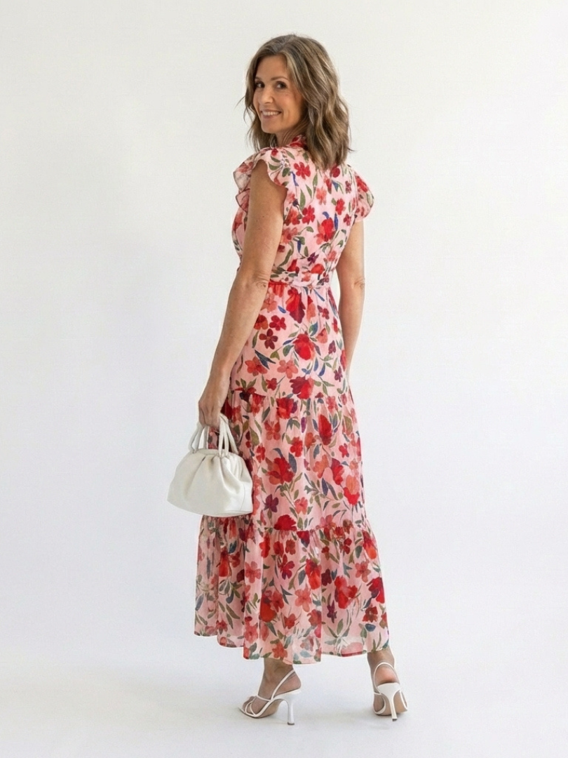 Leila - V-neck floral print midi dress with ruffles