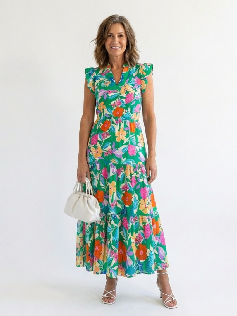 Leila - V-neck floral print midi dress with ruffles