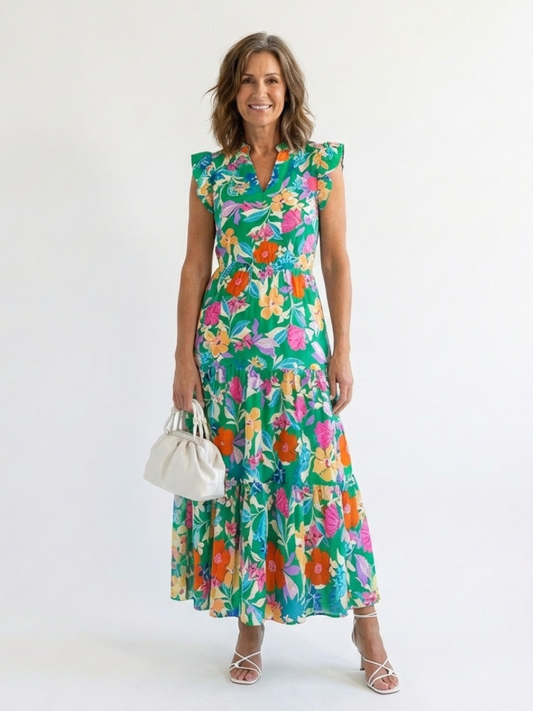 Leila - V-neck floral print midi dress with ruffles