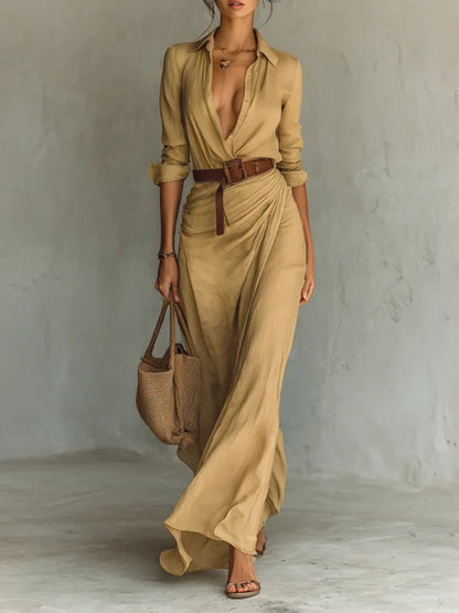 Luna | Elegant Long Dress with V-Neck and Wrap Design