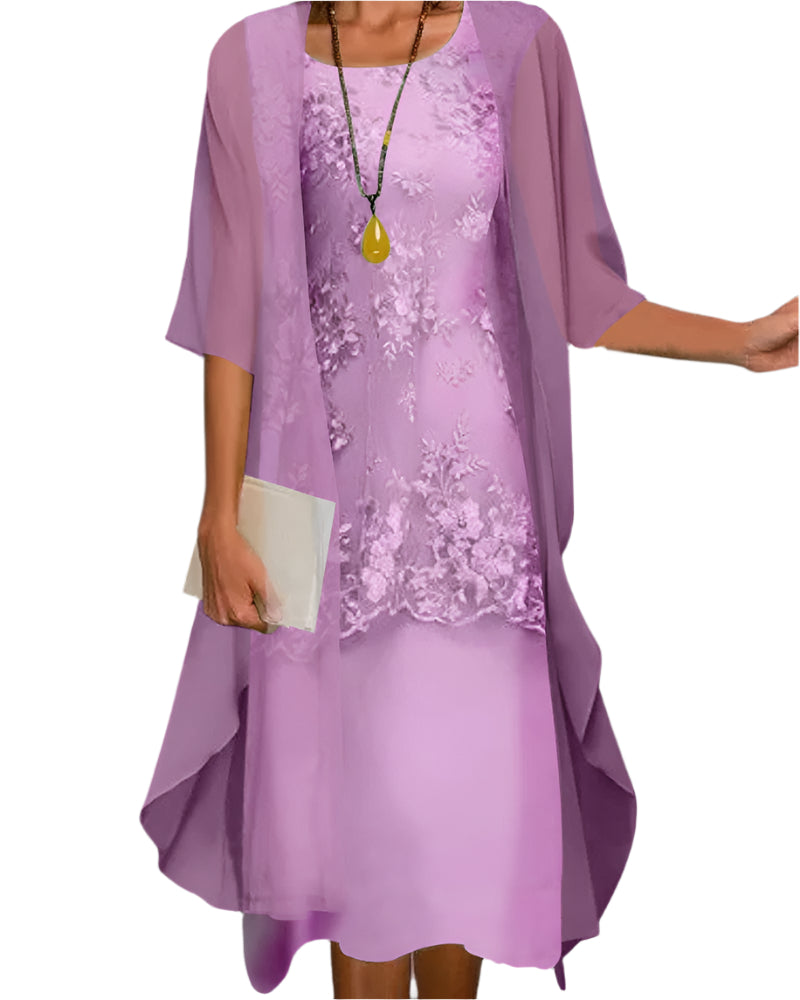 Claudia | Women's midi wedding guest dress with sheer sleeves