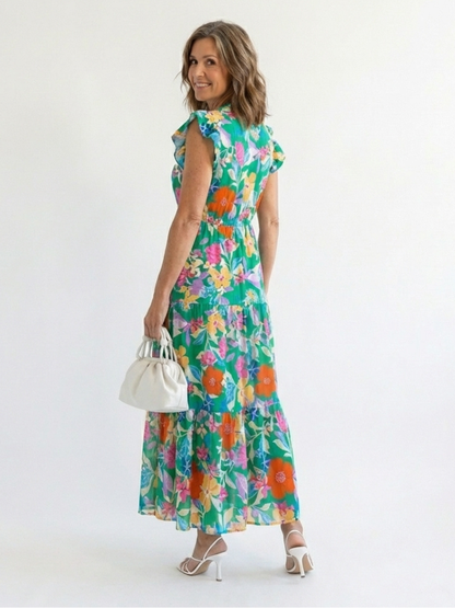 Leila - V-neck floral print midi dress with ruffles