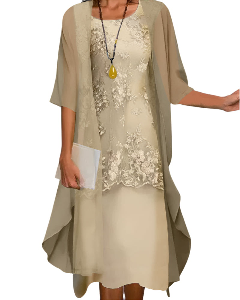Claudia | Women's midi wedding guest dress with sheer sleeves