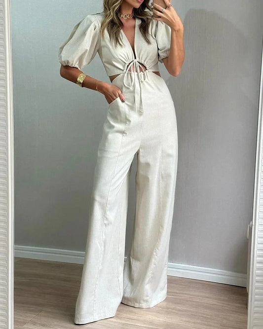 Naty - Casual Puffed-Sleeve Jumpsuit