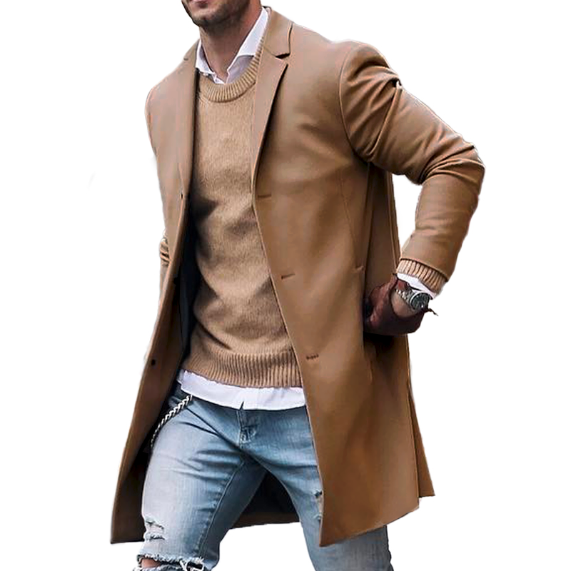 Lightweight men's trench coat with button closure, formal
