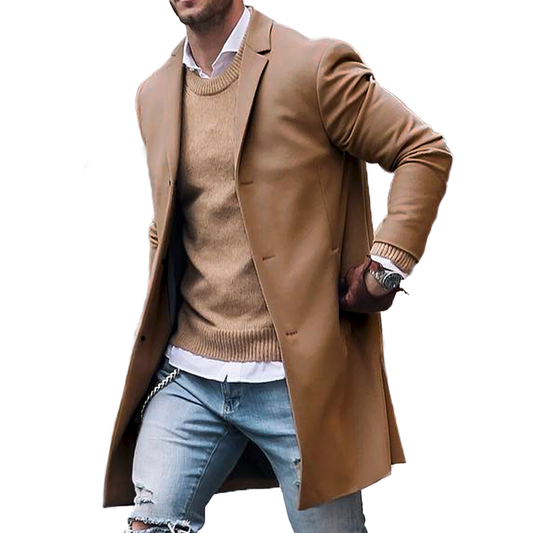 Lightweight men's trench coat with button closure, formal