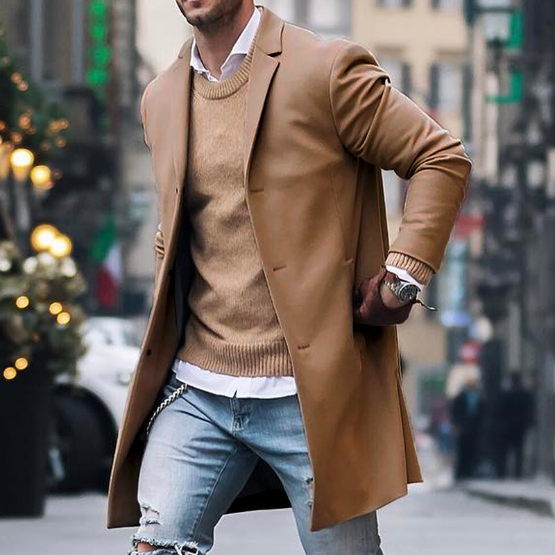 Lightweight men's trench coat with button closure, formal