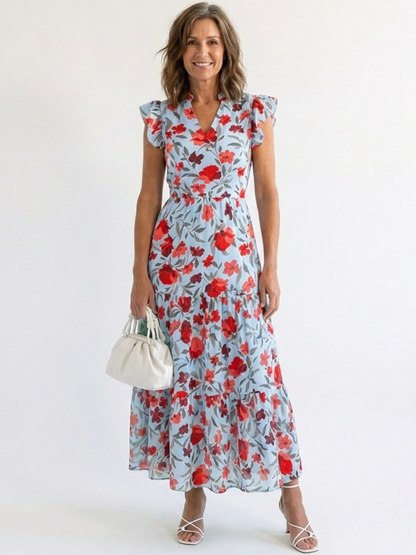 Leila - V-neck floral print midi dress with ruffles