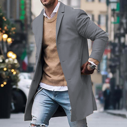 Lightweight men's trench coat with button closure, formal