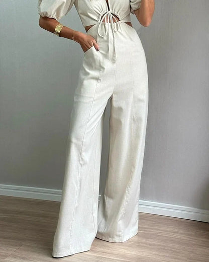 Naty - Casual Puffed-Sleeve Jumpsuit