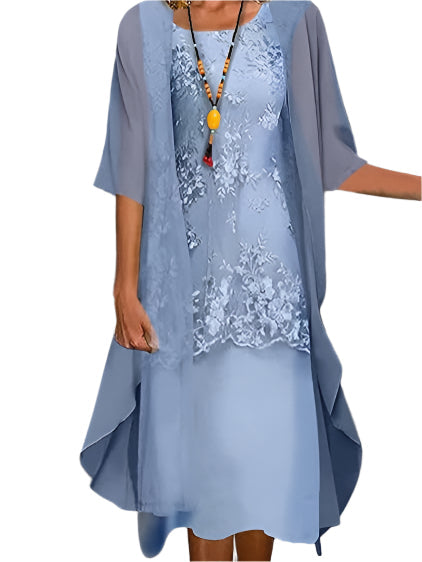 Claudia | Women's midi wedding guest dress with sheer sleeves