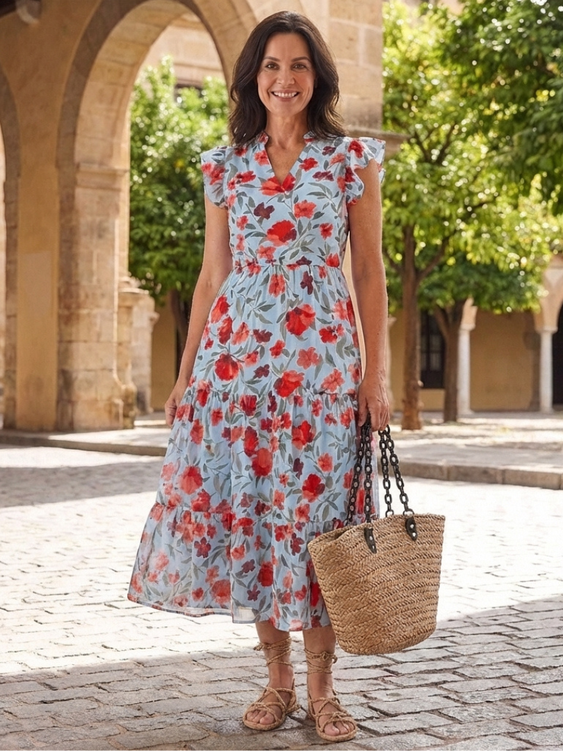 Leila - V-neck floral print midi dress with ruffles
