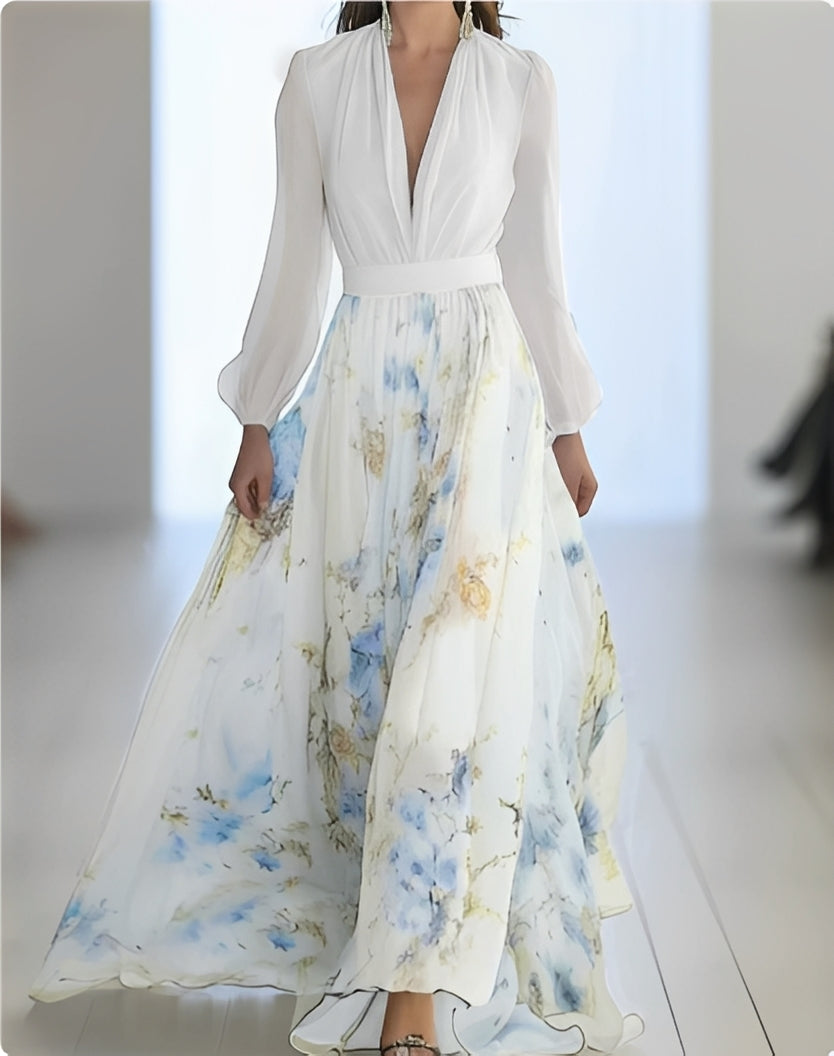 Elena | Women's elegant floral print maxi dress with V-neck