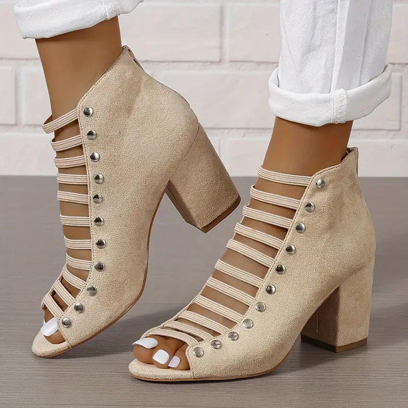 High heel sandals with back zipper, cut-out design, and rivets