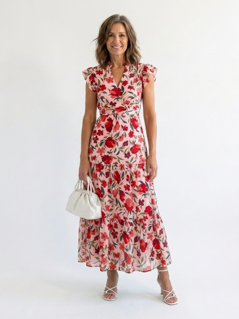 Leila - V-neck floral print midi dress with ruffles