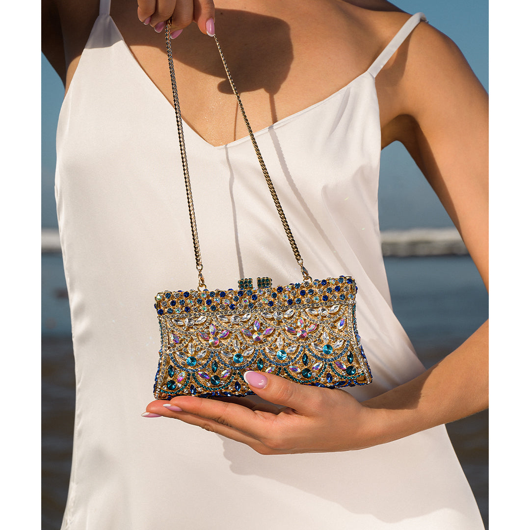Gold Clutch with Multicolor Crystals – Sparkling Handbag for Luxury Parties and Weddings