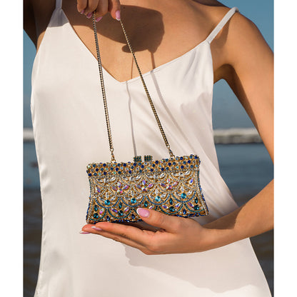 Gold Clutch with Multicolor Crystals – Sparkling Handbag for Luxury Parties and Weddings