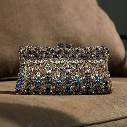 Gold Clutch with Multicolor Crystals – Sparkling Handbag for Luxury Parties and Weddings