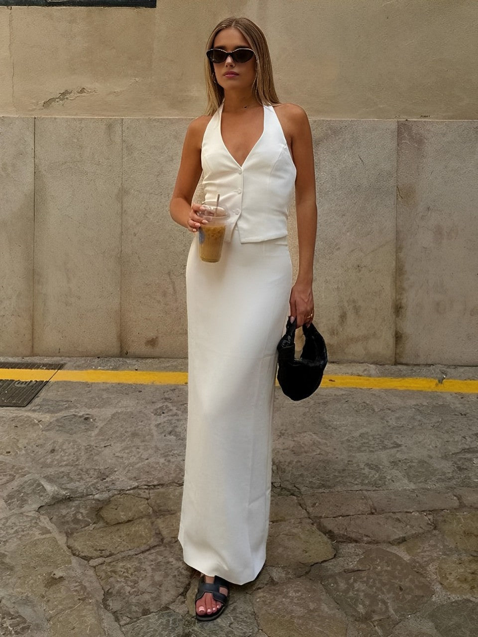 Liana Set - Halter Neck Top with Knot and Maxi Skirt with Slit