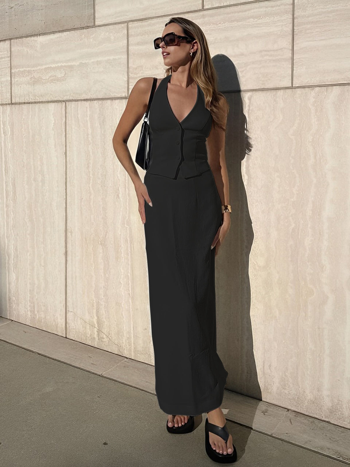 Liana Set - Halter Neck Top with Knot and Maxi Skirt with Slit