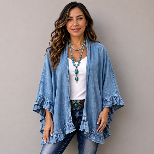 Boho chic denim ruffled cardigan