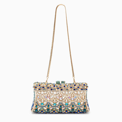 Gold Clutch with Multicolor Crystals – Sparkling Handbag for Luxury Parties and Weddings