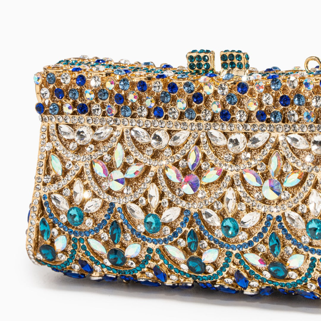 Gold Clutch with Multicolor Crystals – Sparkling Handbag for Luxury Parties and Weddings