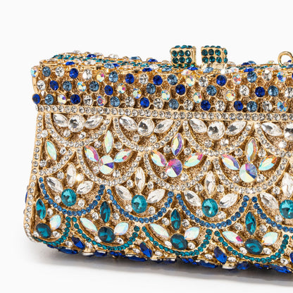 Gold Clutch with Multicolor Crystals – Sparkling Handbag for Luxury Parties and Weddings