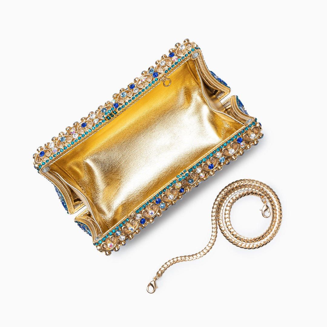 Gold Clutch with Multicolor Crystals – Sparkling Handbag for Luxury Parties and Weddings