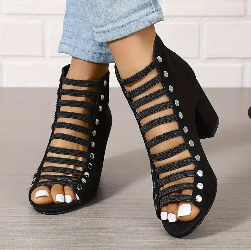High heel sandals with back zipper, cut-out design, and rivets
