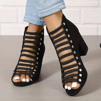 High heel sandals with back zipper, cut-out design, and rivets