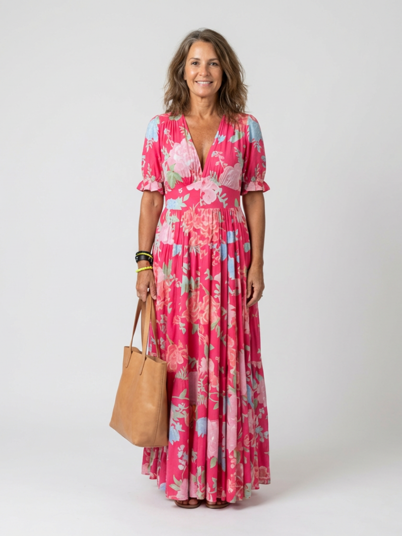 Ivonne | Short-sleeve V-neck floral midi dress