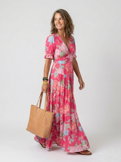 Ivonne | Short-sleeve V-neck floral midi dress