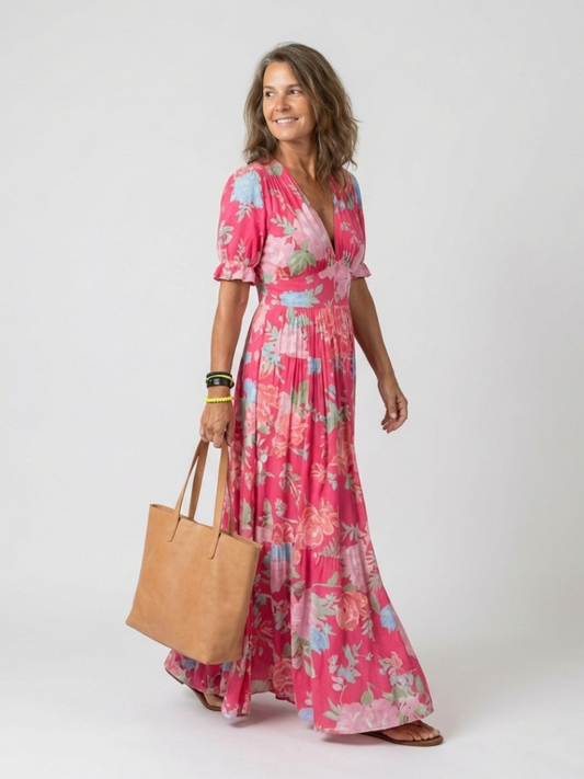 Ivonne | Short-sleeve V-neck floral midi dress