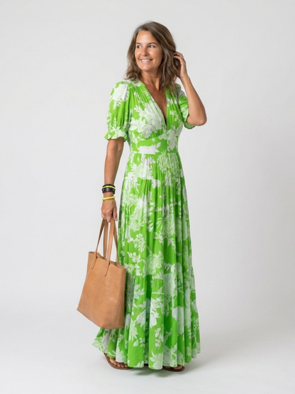 Ivonne | Short-sleeve V-neck floral midi dress