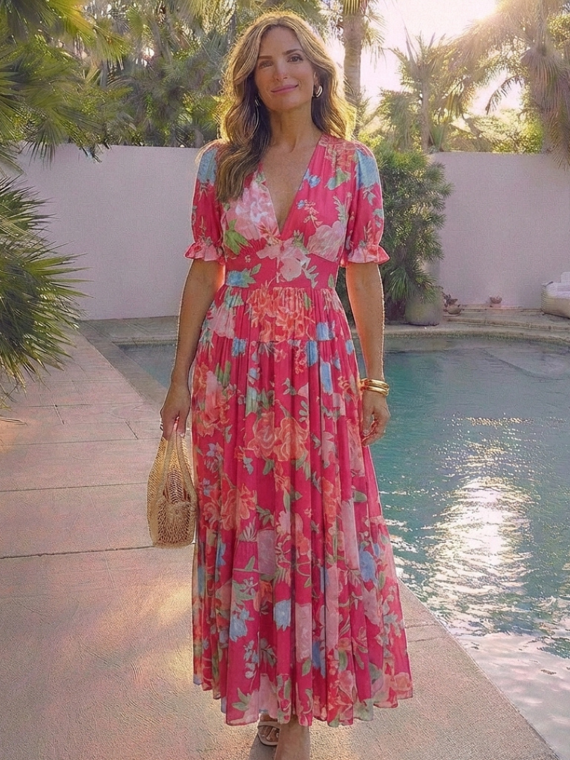 Ivonne | Short-sleeve V-neck floral midi dress