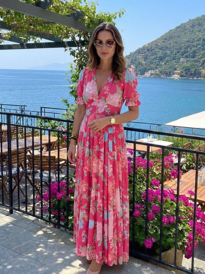 Ivonne | Short-sleeve V-neck floral midi dress
