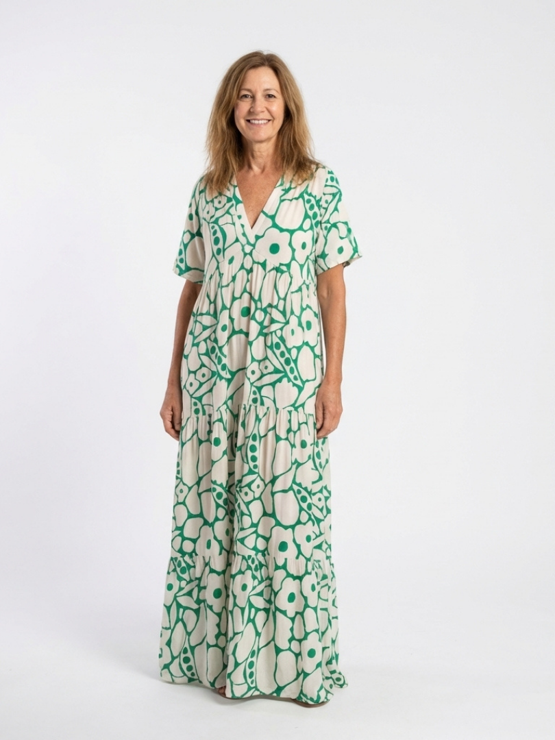 Valentina - Short-sleeved midi dress with V-neck and floral print