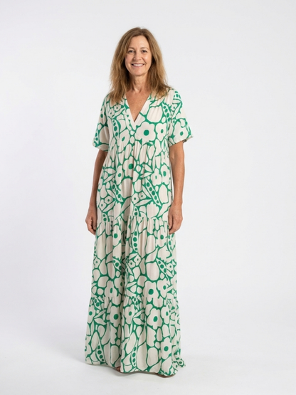 Valentina - Short-sleeved midi dress with V-neck and floral print