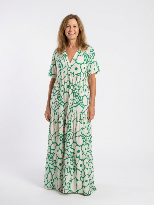 Valentina - Short-sleeved midi dress with V-neck and floral print