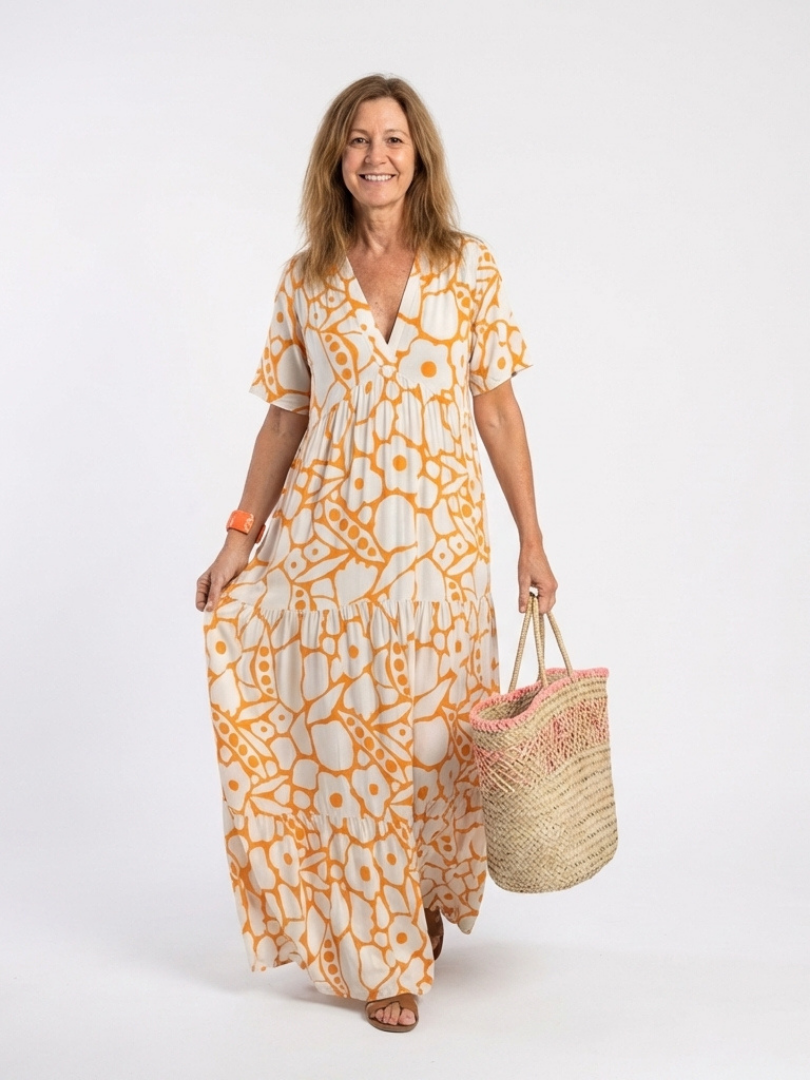 Valentina - Short-sleeved midi dress with V-neck and floral print