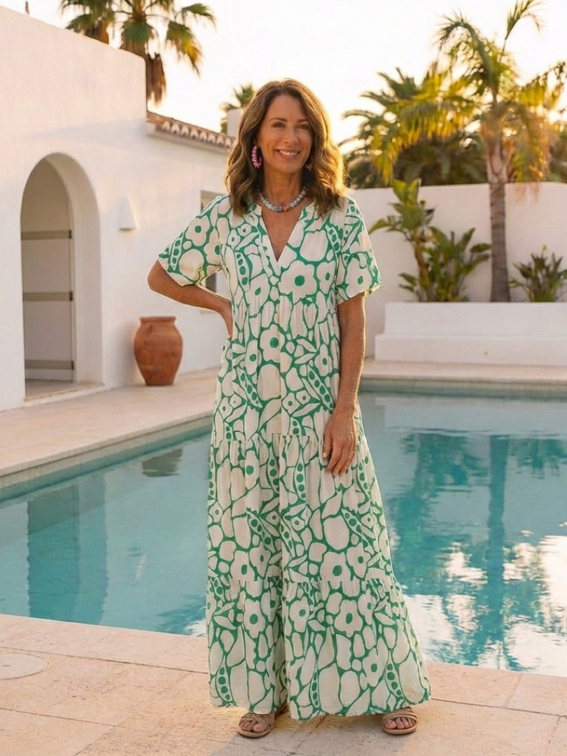 Valentina - Short-sleeved midi dress with V-neck and floral print