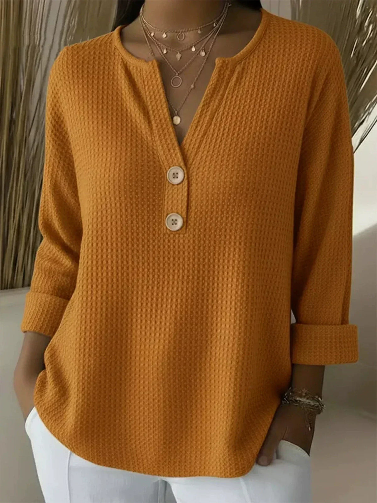 Lucia | Waffle Knit Henley Shirt with Buttons