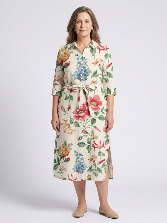 Maribel - Short-sleeve floral midi dress with front closure